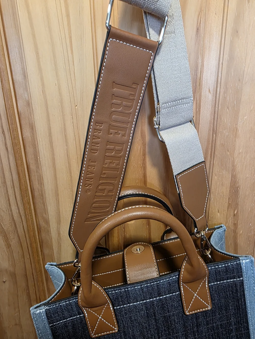 True Religion Denim Messenger Bag in Dark Blue with Brown Trim Brand New